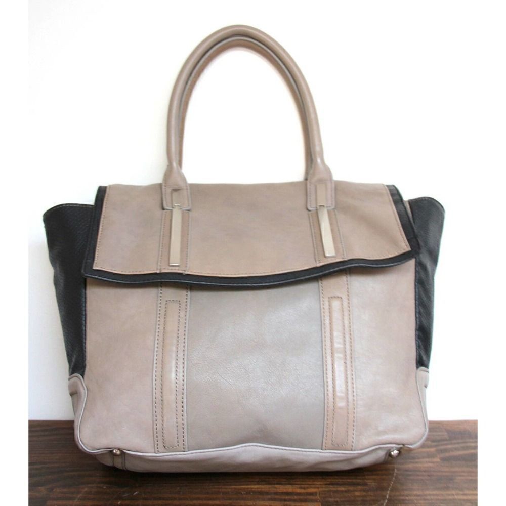 WALTER BAKER GRAY BLACK GENUINE LEATHER PVC TOP HANDLE TOTE SHOULDER BAG HANDBAG
